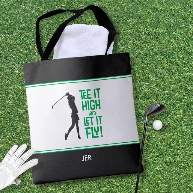 Roligt Golfordspråk Modern Grön Svart Tygkasse (Cute Golfer Golf Humor Funny Modern Black, Green & White Tote Bag For Her)