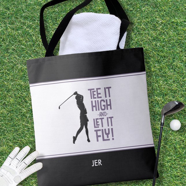 Roligt Golfordspråk Modern Lila Svart Tygkasse (Cute Golfer Golf Humor Funny Black White Purple Tote Bag)