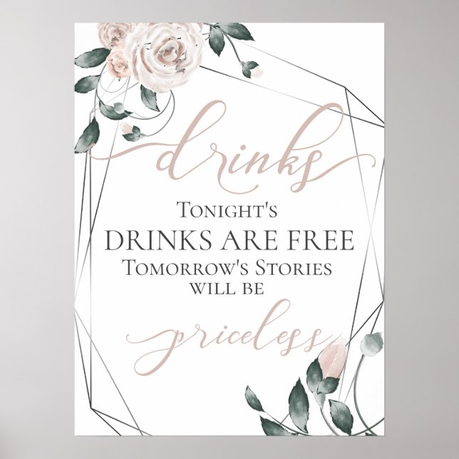 Roligt Gratis Drycker Bar Meny Skylt Rosa Silver (Framsidan)