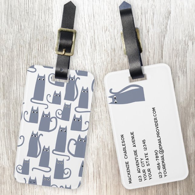 Roligt Grått Cat Bagagebricka (Fun little gray cat pattern personalized luggage tag for animal lovers)
