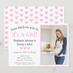 Roligt Grått Rosa Heart Photo its a Girl Baby Show Inbjudningar