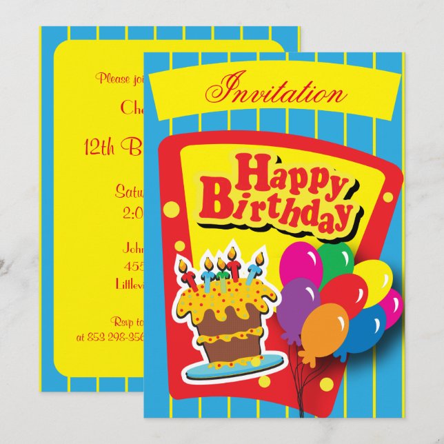 Roligt Grattis på födelsedagen Party Inbjudningar (Fram/baksida)