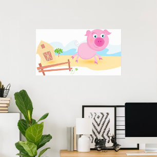 Roligt Gris om gården med Barn och stängsel Poster