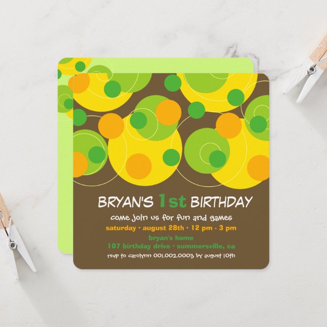 Roligt Grönt Bubble Dots Photo Boy 1 Birthday Part Inbjudningar (Fram/Back In Situ)
