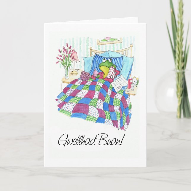 Roligt Grönt Frog Get well Card, Welsh Hälsning Kort (Framsida)