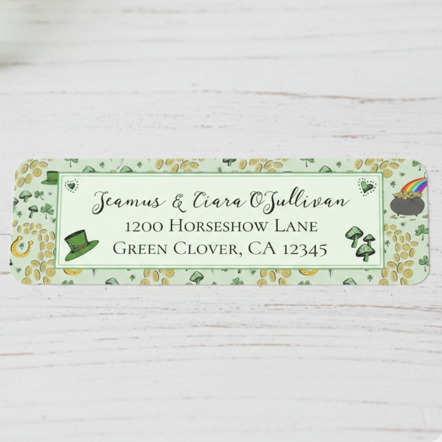 Roligt Grönt St patricks day Irish Blessings Returadress Etikett (Irish Return Address Labels for St Patricks Day. Green Shamrock Four Leaf Clover, Good Luck Pattern)