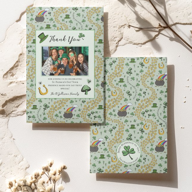 Roligt Grönt St Patricks Irish Tack You Card Kort (St Patricks Day Custom Photo, Thank You Message and Name with Irish Blessing on Back of the Card. 
)