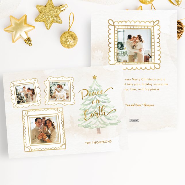 Roligt Guld Doodle Ram Peace on Earth 3-Photo Julkort (Skapare uppladdad)