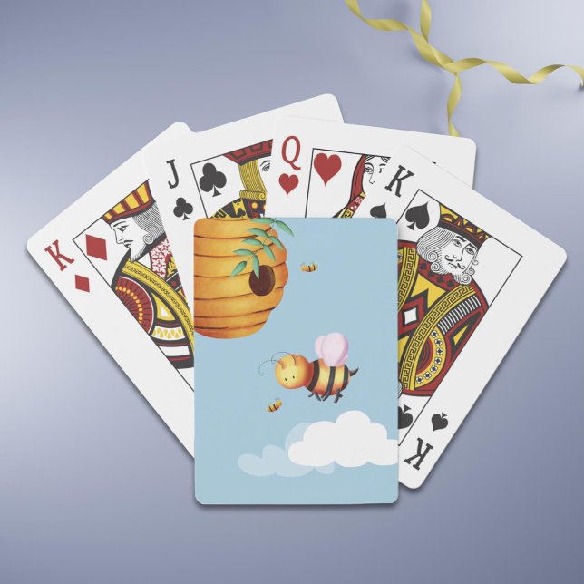 Roligt Gult Bee Casinokort (Personalized Cute Bee and Beehive Blue Playing Cards)