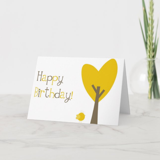 Roligt Gult Bird and Träd Heart Grattis på födelse Kort (Framsida)