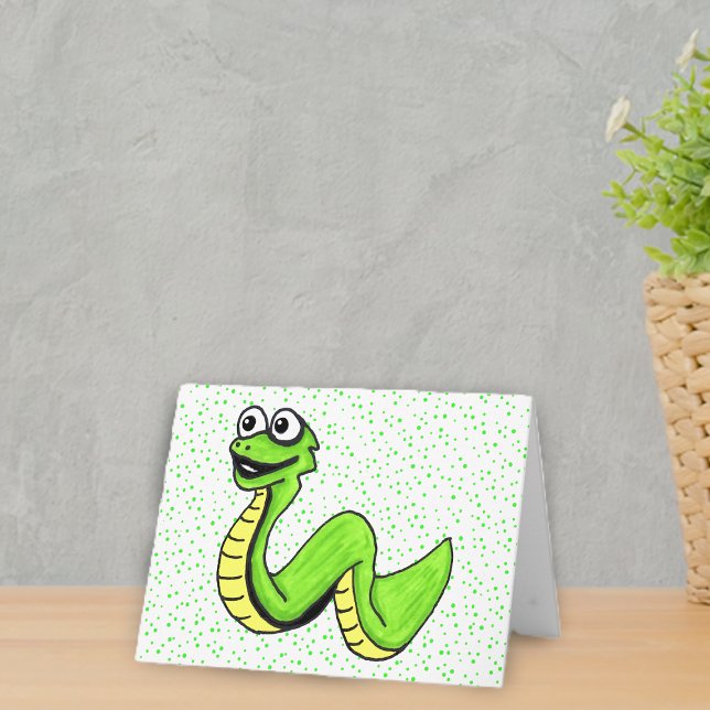 Roligt Gult Grönt Smildra stora Ögon-punkter Kort (Cute cartoon bright green smiling snake on white with green dots notecard for kids.)