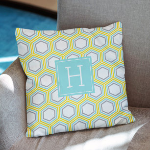 Roligt Gult Honeycomb Mönster Monogram Kudde