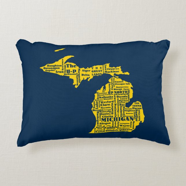 Roligt Gult och marinblå staten Michiganstäderna Prydnadskudde (Framsidan)