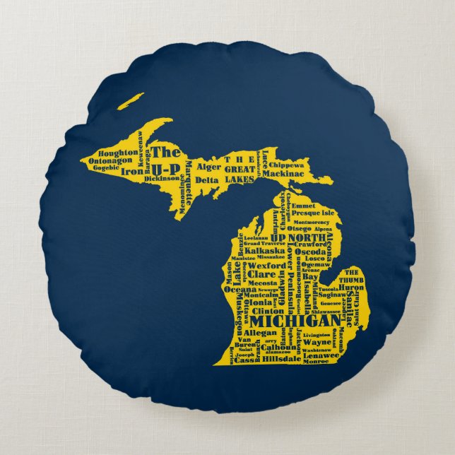 Roligt Gult och marinblå staten Michiganstäderna Rund Kudde (Framsidan)