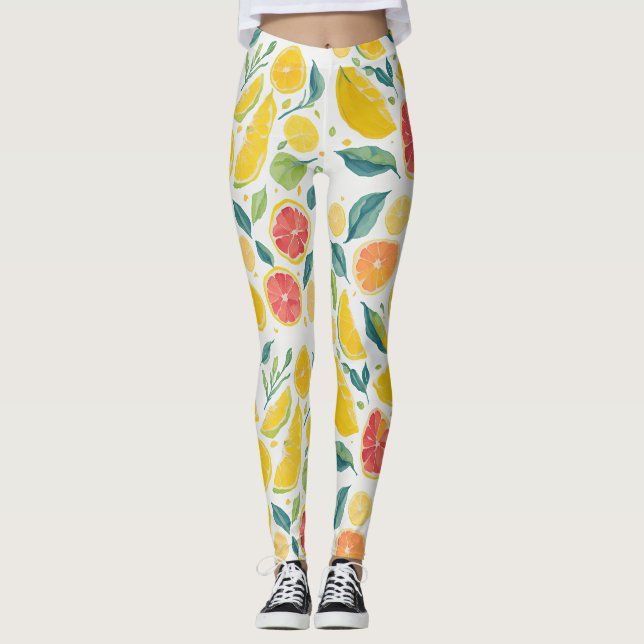 Roligt Gult Orange Citrus Fruit Watercolor Leggings (Framsida)