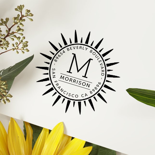 Roligt Gult Sol | Anpassningsbar Monogram-Returadr Självfärgande Stämpel (Skapare uppladdad)