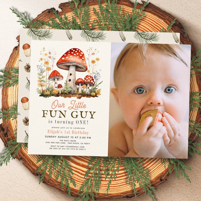 Roligt Guy Mushroom Boy Photo 1st Birthday Inbjudningar (Skapare uppladdad)