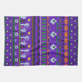 Roligt Halloween dag saker lila som stickar mönste Kökshandduk