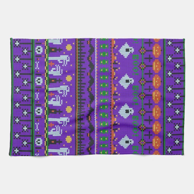 Roligt Halloween dag saker lila som stickar mönste Kökshandduk (Horisontell)