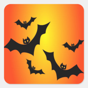 Roligt Halloween Fladdermus på Gult och Orange Fyrkantigt Klistermärke
