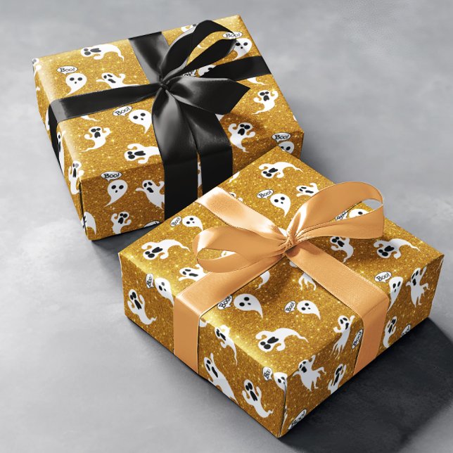 Roligt Halloween Guld Glitter Spöken Presentpapper (Skapare uppladdad)