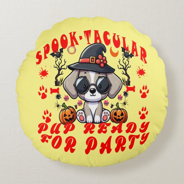 Roligt Halloween Hund Pumpkin Design for Pets! Rund Kudde (Framsidan)