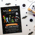 Roligt Halloween Kids Costume Födelsedagsfest Inbjudningar<br><div class="desc">En födelsedagsinbjudan till dem som föddes i oktober - en Halloween Costume Party! Med en rustik kalkbrädesbakgrund, färgstark stjärna konetti, tecknad finare-klädkosttecken, pumpor spöken, monster etc. och en roligt modern födelsedagsfest-mall som är enkel att anpassa. Om du vill ändra teckensnittet eller färg kan du göra det genom att klicka på...</div>