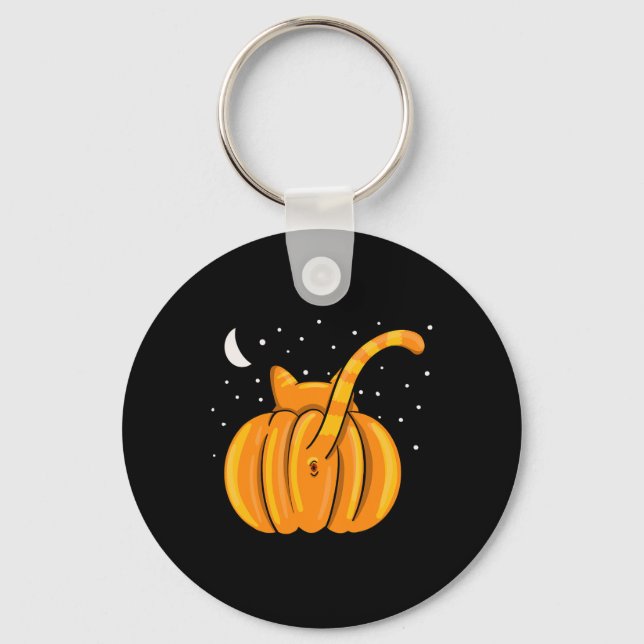 Roligt Halloween-Orange-fliken Kattknapp Pumpkin Nyckelring (Framsida)