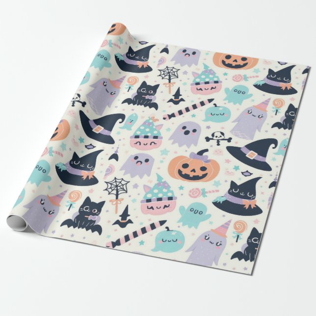 Roligt Halloween Pastel Mönster Presentpapper (Utrullad)