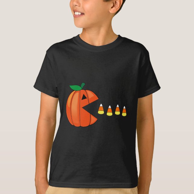 Roligt Halloween Pumpkin Eating Candy corn T Shirt (Framsida)