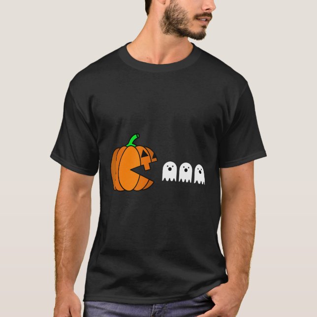 Roligt Halloween Pumpkin Eating Ghost T Shirt (Framsida)