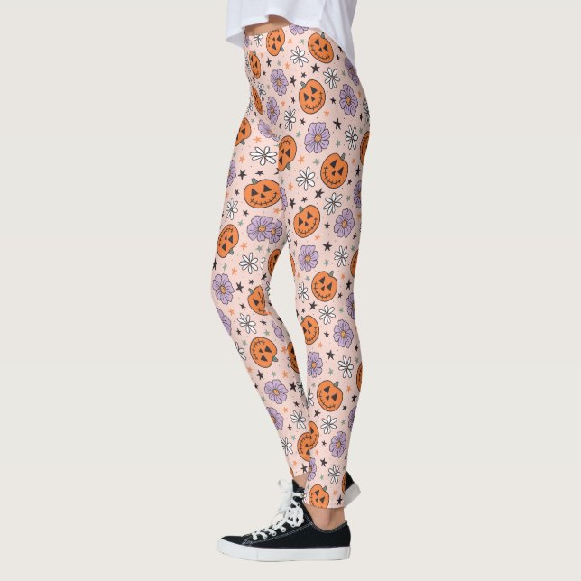 Roligt Halloween Pumpkins and Flowers Mönster Leggings (Vänster)