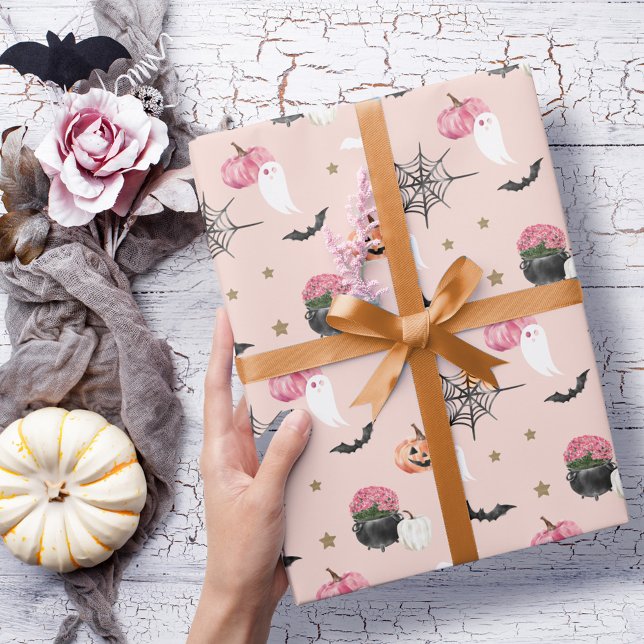Roligt Halloween Rosa & Orange Pumpkin-Spindelnät Presentpapper (Fun Halloween Pink & Orange Pumpkin Spider Web Wrapping Paper)