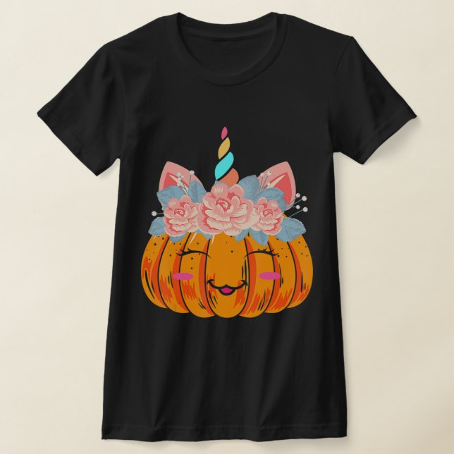 Roligt Halloween Thanksgiving Cute Unicorn Pumpkin T Shirt (Laydown)