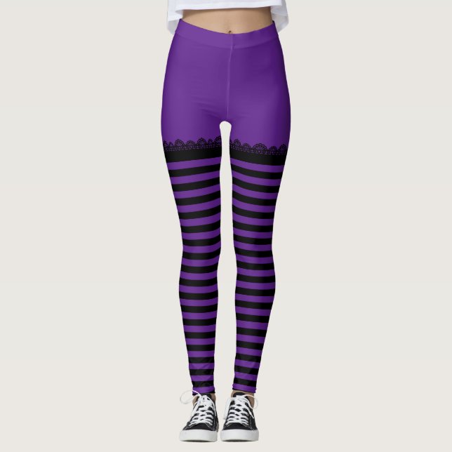 Roligt Halloween Witch Lila Black Stripe Leggings (Framsida)