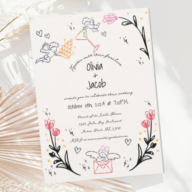 Roligt Hand plockade Cupid Wildblomskribble Bröllo Inbjudningar (Skapare uppladdad)