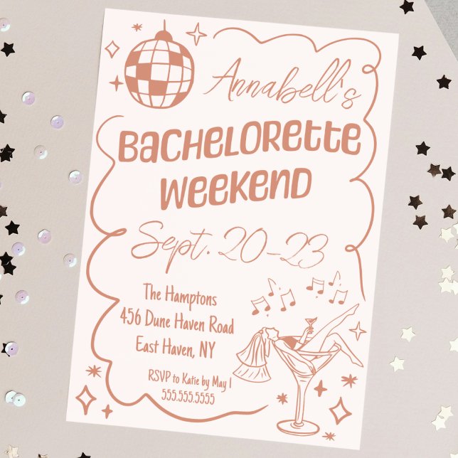 Roligt Hand plockade Disco Bachelorette Party Helg Inbjudningar (hand drawn pink bachelorette party weekend invitation disco champagne theme cute doodle sketch)