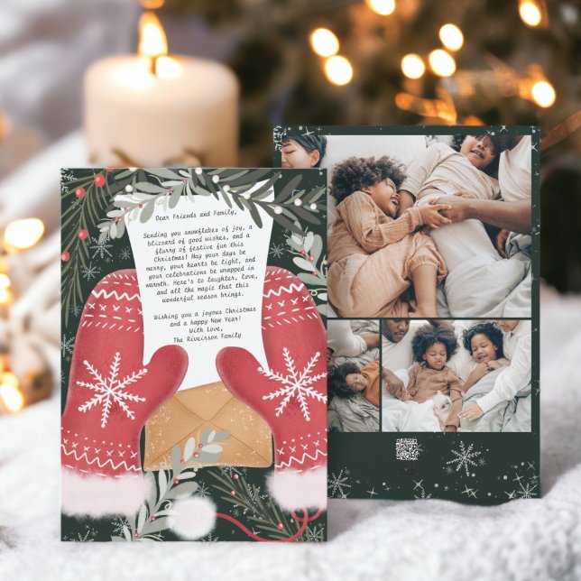 Roligt handskar illustrerar julfamiljen 3 foton julkort (Fun gloves illustration Christmas family 3 photos Holiday Card)