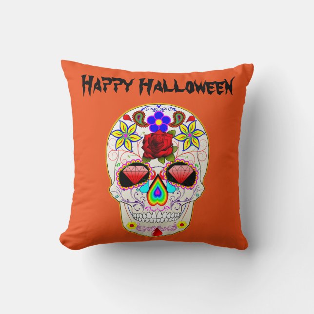 Roligt Happy halloween Blommigt Sugar Skull Kudde (Framsida)