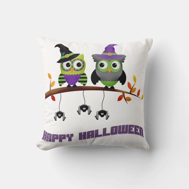Roligt Happy halloween par av Uggla med spindlar Kudde (Framsida)