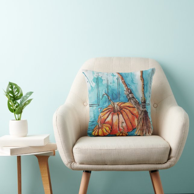 Roligt Happy halloween Pumpkin med Witch Broom Kudde (Stol)