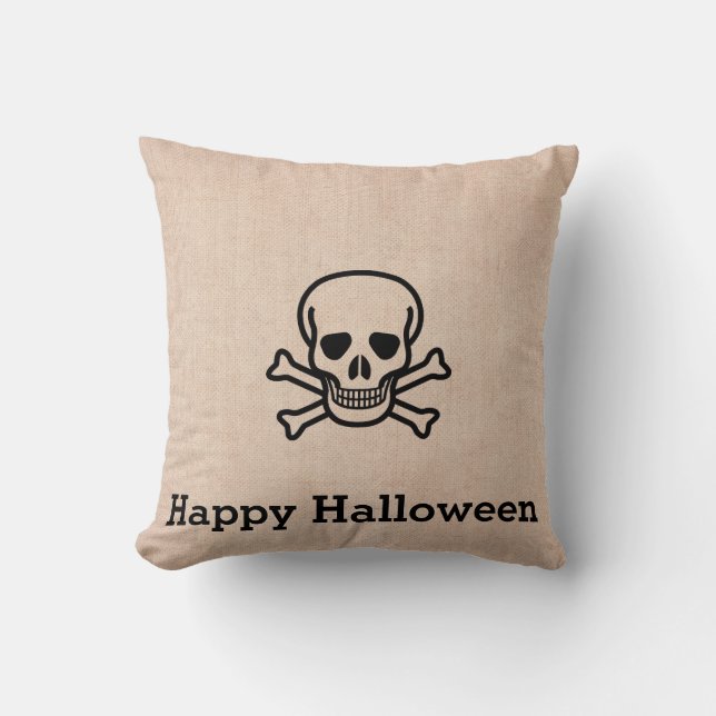 Roligt Happy halloween Skeleton Burlap Kudde (Framsida)