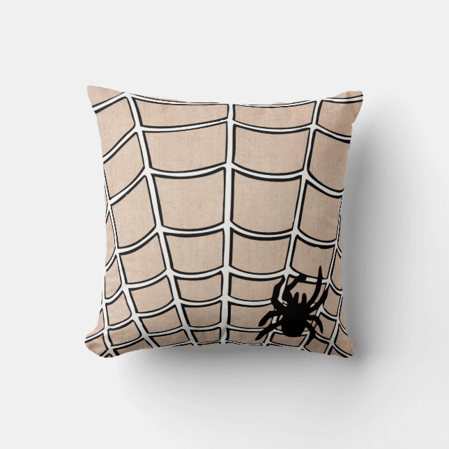 Roligt Happy halloween Spider med Webben Burlap Kudde (Framsida)