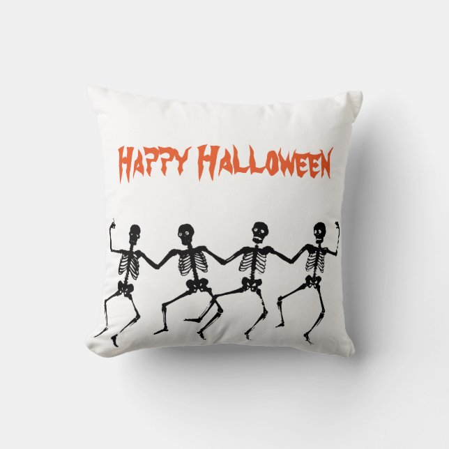 Roligt happy halloweendansskelett kudde (Framsida)
