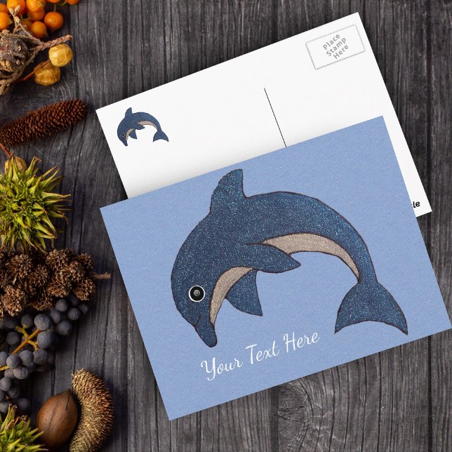 Roligt Havsblå vit Gnistra som jumpedunfin Vykort (Sparkle dark blue and white jumping dolphin on light blue postcard.)