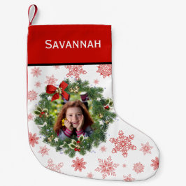 Roligt Helgdag Utandning Foto Ram Red Snöflingor Liten Julstrumpa