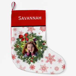 Roligt Helgdag Utandning Foto Ram Red Snöflingor Liten Julstrumpa