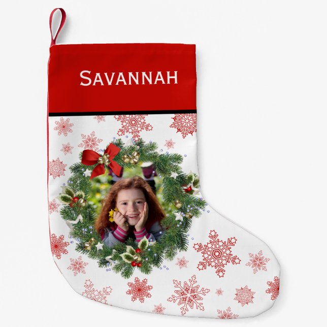 Roligt Helgdag Utandning Foto Ram Red Snöflingor Liten Julstrumpa (Framsidan)