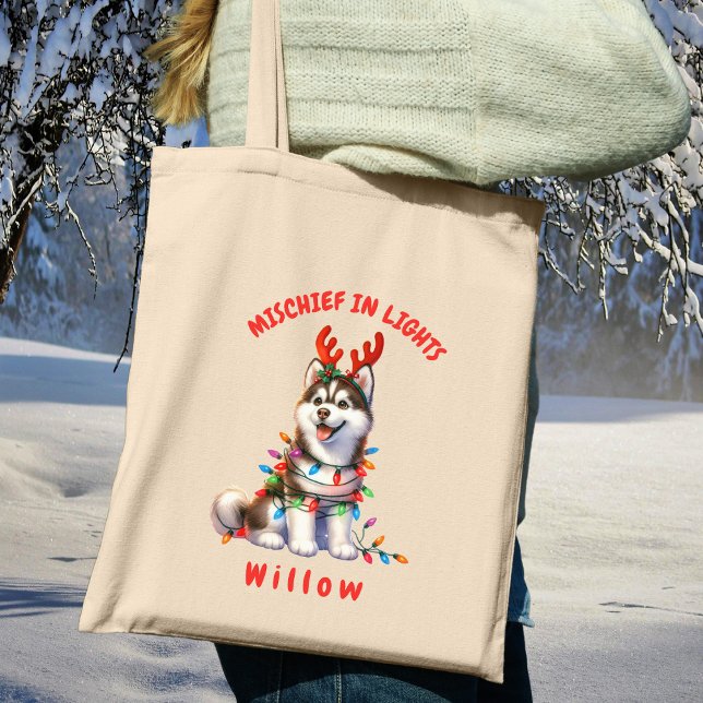 Roligt Helgdag Vattenfärgsuppspelning Siberian hus Tygkasse (Carry festive cheer with this custom fun Siberian Husky dog tote bag. A perfect gift for dog lovers.)