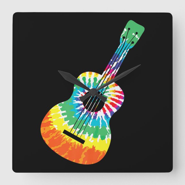 Roligt Hippie Rainbow Tie Dye Acoustic Guitar Prem Fyrkantig Klocka (Framsida)